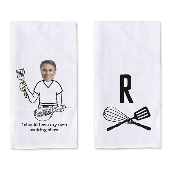 My own cooking show two piece dish kitchen towel set custom printed and personalized with your photo and initlal.