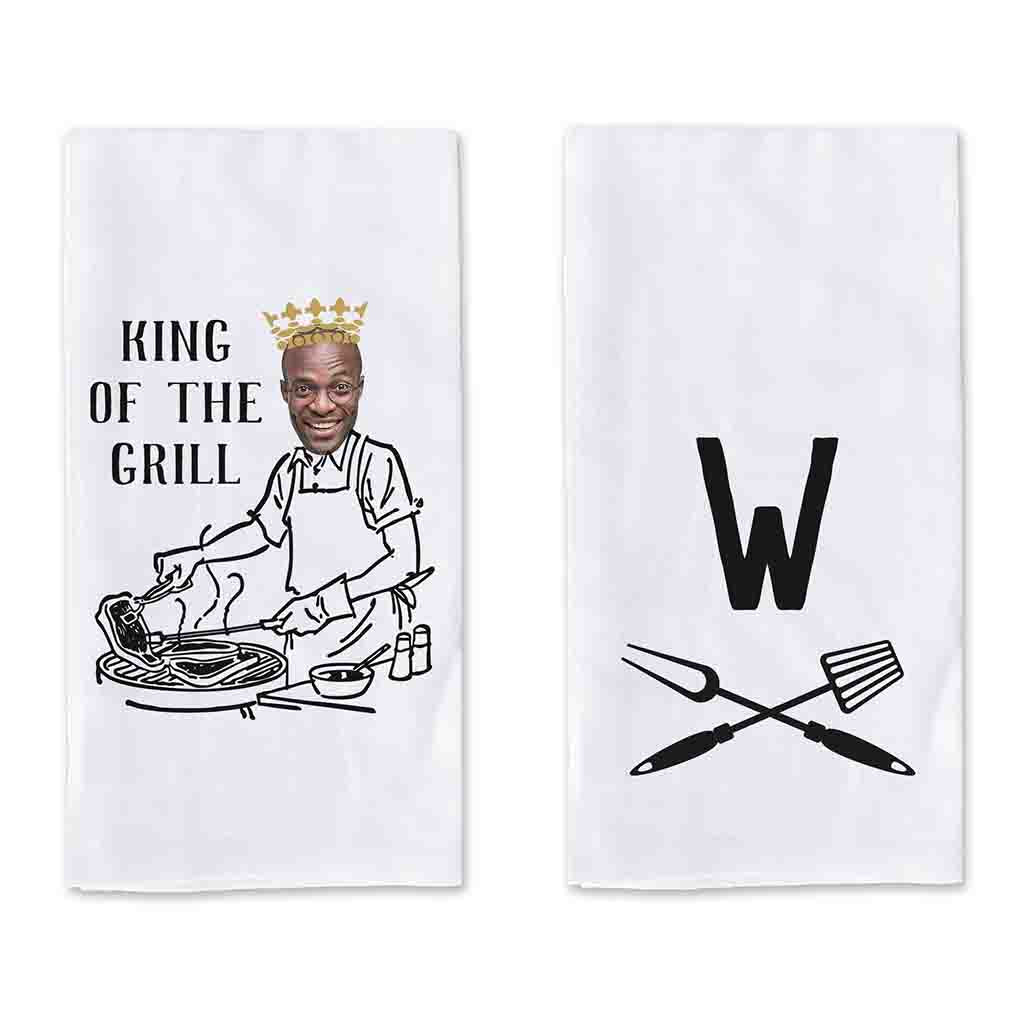 King of the Grill custom photo dishtowel for the grill master personalized gift set with monogram initial.