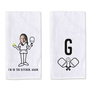 I'm in the kitchen again pickleball player digitally printed on two piece dish kitchen towel set personalized with your photo and initial with cute design.