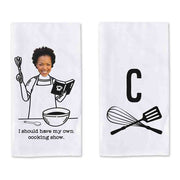 Funny dishtowel set for the cook who thinks they should have their own cooking show. Single monogrammed dishtowel included