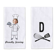 Proudly serving digitally printed humorous kitchen dish towel set for the cook with your photo and personalized with your monogram initial.