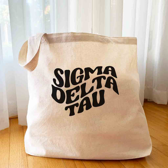 Sigma Delta Tau digitally printed simple mod design on roomy canvas sorority tote bag.