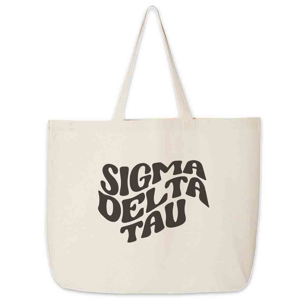 Sigma Delta Tau digitally printed simple mod design on roomy canvas sorority tote bag.