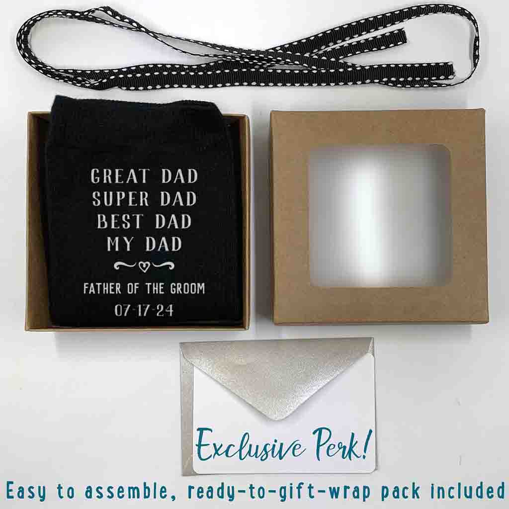 Exclusive gift wrap kit included with purchase of wedding socks for the father of the groom.