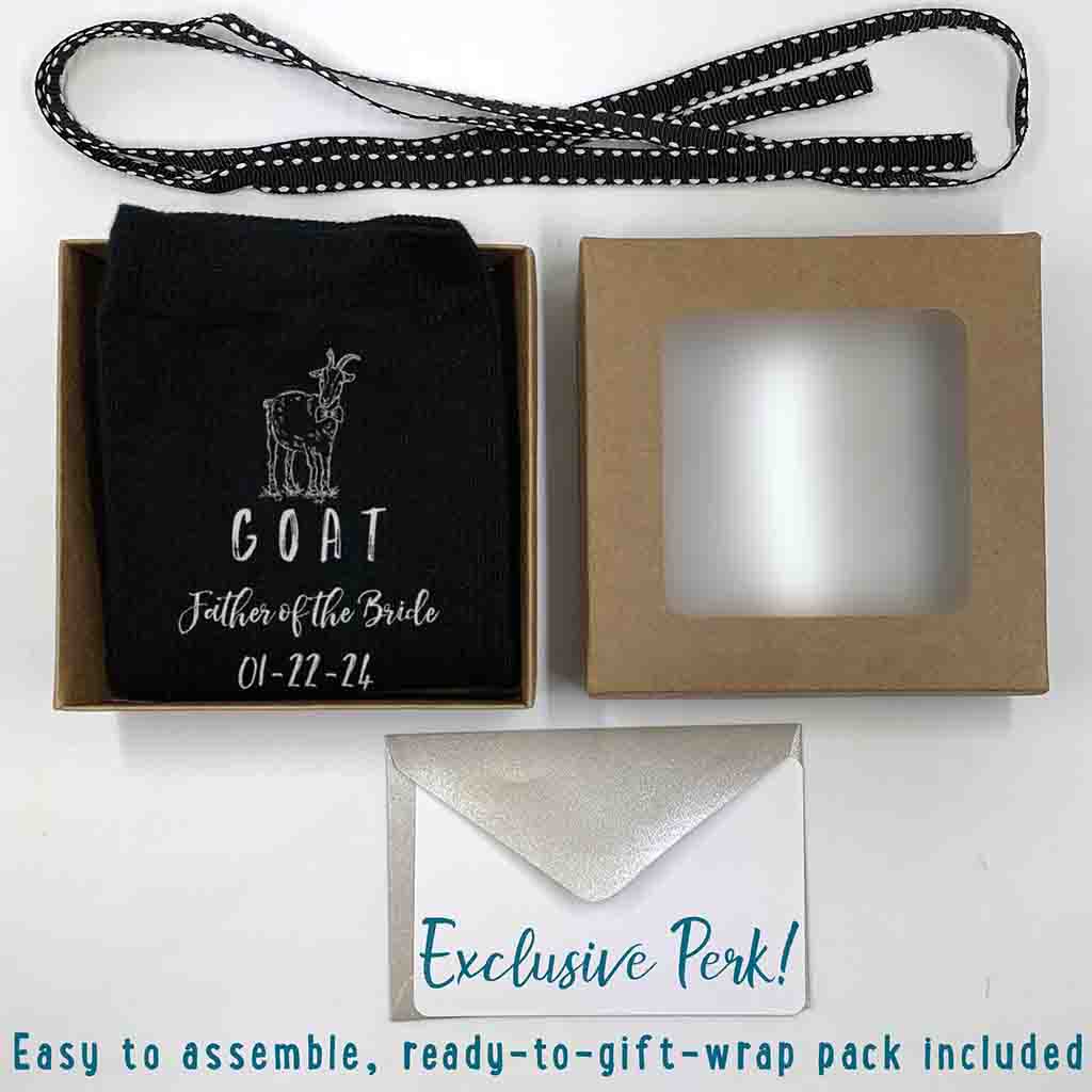 Easy to assemble gift wrap bundle included with purchase of custom father of the bride wedding socks for the GOAT Dad.