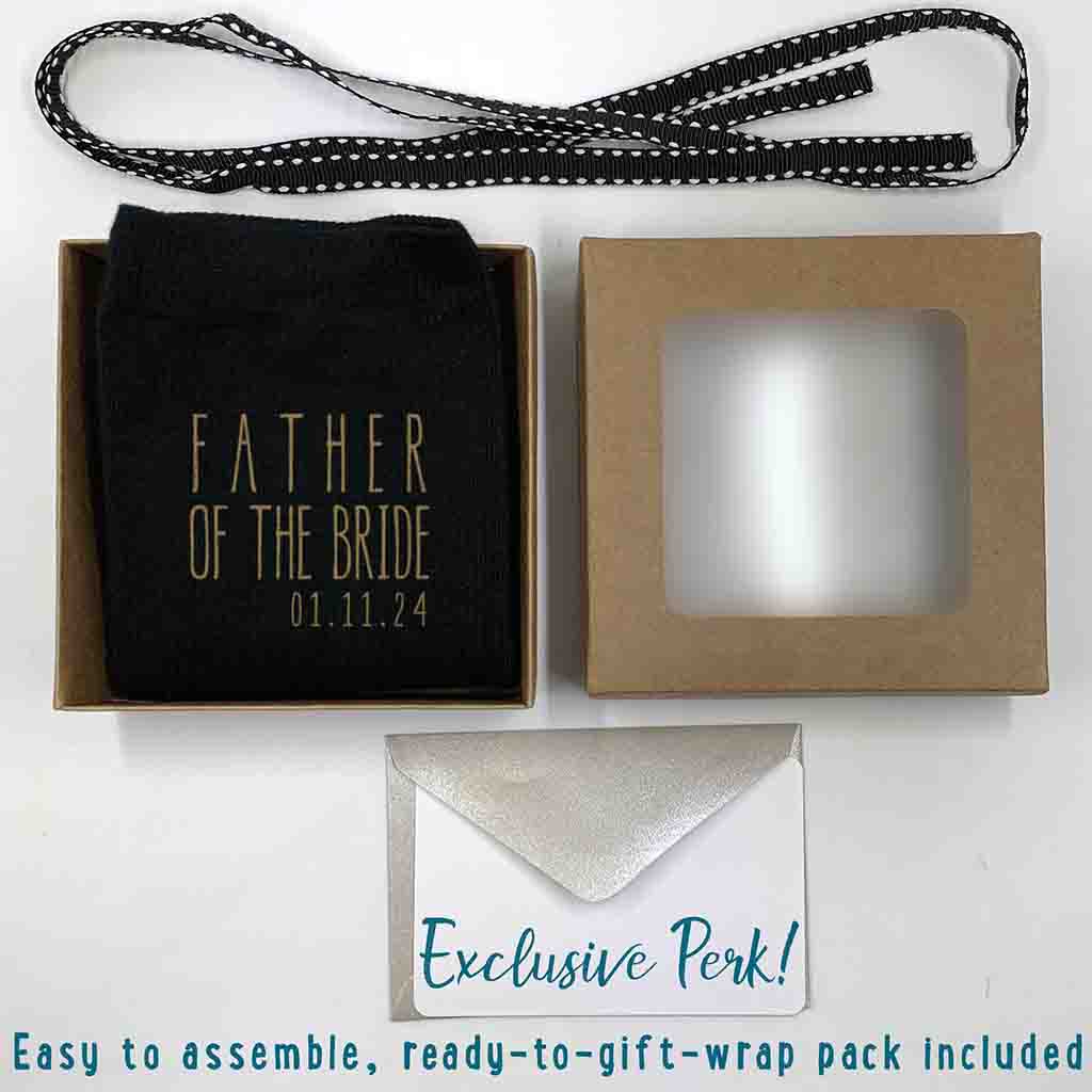 Exclusive perk easy to assemble ready to gift wrap pack included with purchase of father of the bride boho design custom printed socks.