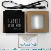Easy to assemble gift wrap with gift card and ribbon for wedding socks for the father of the groom.