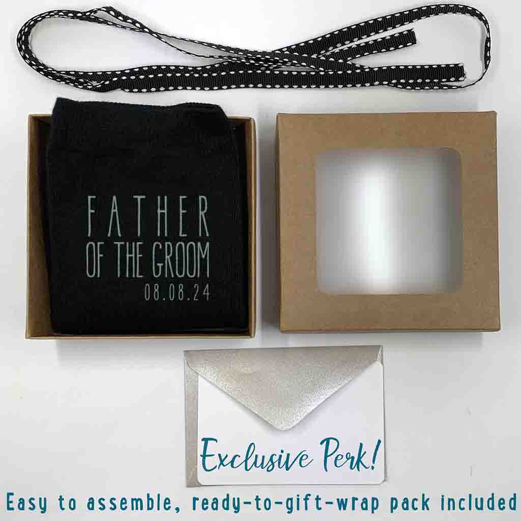 Exclusive gift wrapping bundle included with purchase of father of the groom boho style wedding socks.