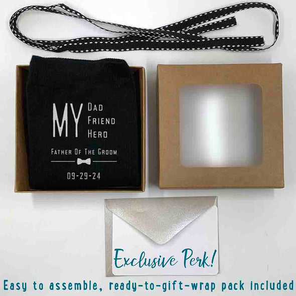 Exclusive gift wrapping bundle included with purchase of wedding socks for the father of the groom.
