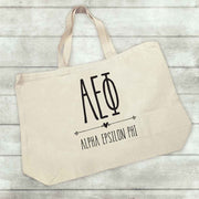 Alpha Epsilon Phi sorority name and letters custom printed on canvas tote bag