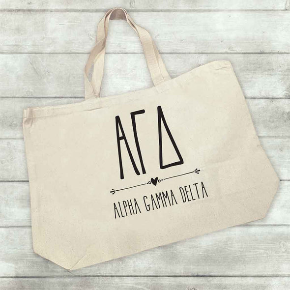 Alpha Gamma Delta sorority letters and name custom printed on canvas tote bag