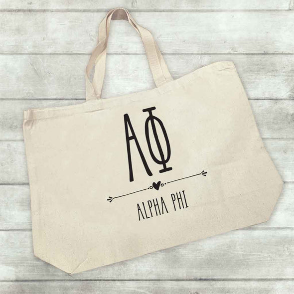 Alpha Phi sorority name and letters custom printed on canvas tote bag