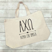 Alpha Chi Omega sorority letters and name custom printed on canvas tote bag