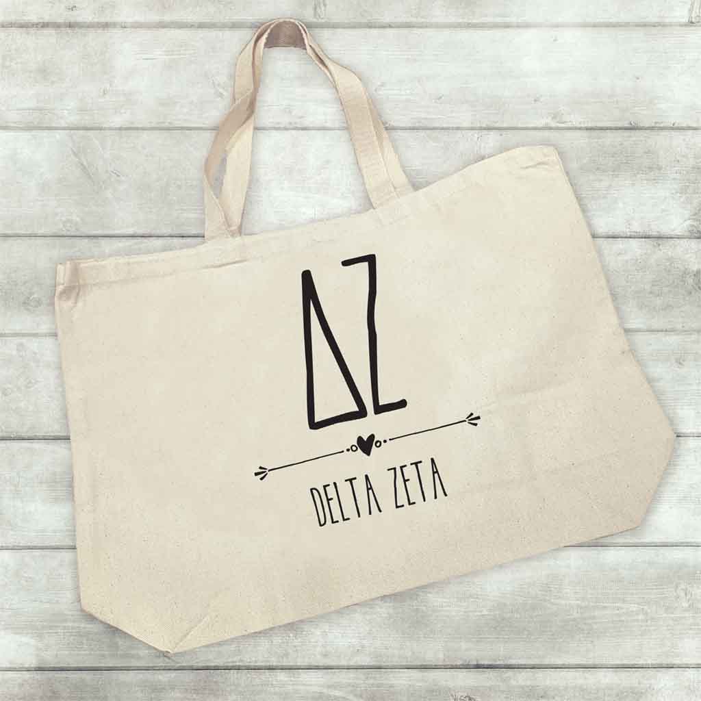 Delta Zeta sorority name and letters custom printed on canvas tote bag