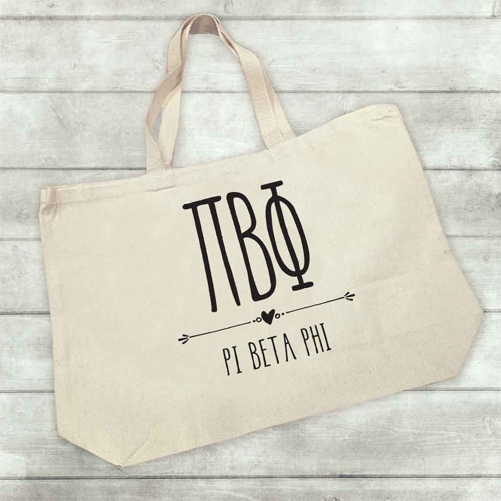 Pi Beta Phi sorority name and letters custom printed on canvas tote bag