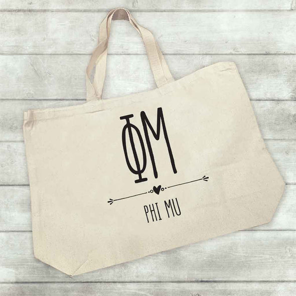 Phi Mu sorority name and letters custom printed on canvas tote bag
