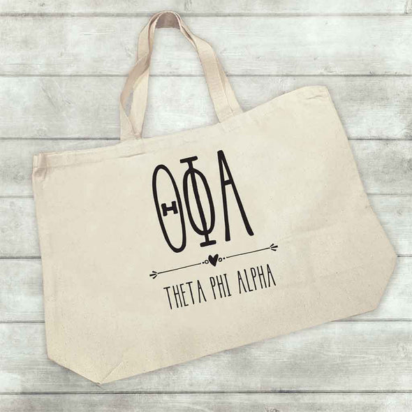 Theta Phi Alpha sorority name and letters custom printed on canvas tote bag