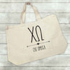 Chi Omega sorority name and letters custom printed on canvas tote bag