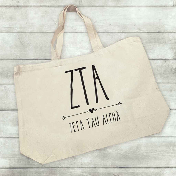 Zeta Tau Alpha sorority name and letters custom printed on canvas tote bag