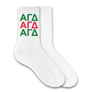 Alpha Gamma Delta sorority letters printed on crew socks.