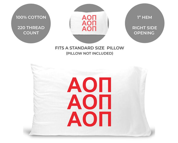 Alpha Omicron Pi sorority letters in sorority colors custom printed on pillowcase