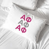 Alpha Phi sorority letters in sorority colors custom printed on standard pillowcase