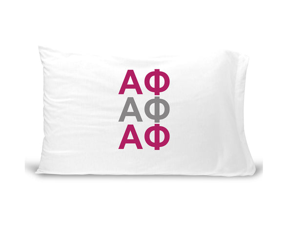 AP sorority letters digitally printed in sorority colors on standard white cotton pillowcase.