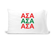 ASA sorority letters digitally printed in sorority colors on standard white cotton pillowcase.