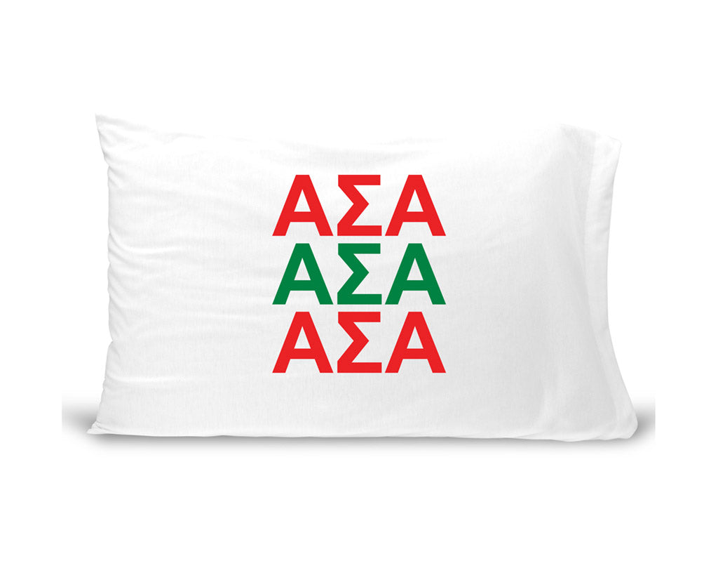 ASA sorority letters digitally printed in sorority colors on standard white cotton pillowcase.