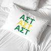 Alpha Sigma Tau sorority letters in sorority colors custom printed on pillowcase