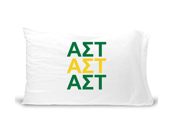 AST sorority letters digitally printed in sorority colors on standard white cotton pillowcase.