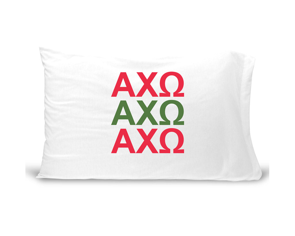 AXO sorority letters digitally printed in sorority colors on standard white cotton pillowcase.