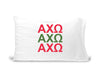 AXO sorority letters digitally printed in sorority colors on standard white cotton pillowcase.
