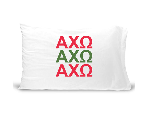 AXO sorority letters digitally printed in sorority colors on standard white cotton pillowcase.