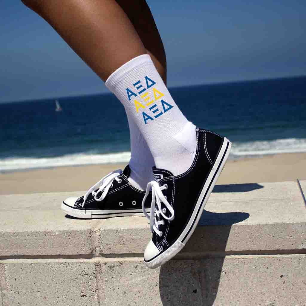 Alpha Xi Delta sorority letters custom printed on white cotton crew socks