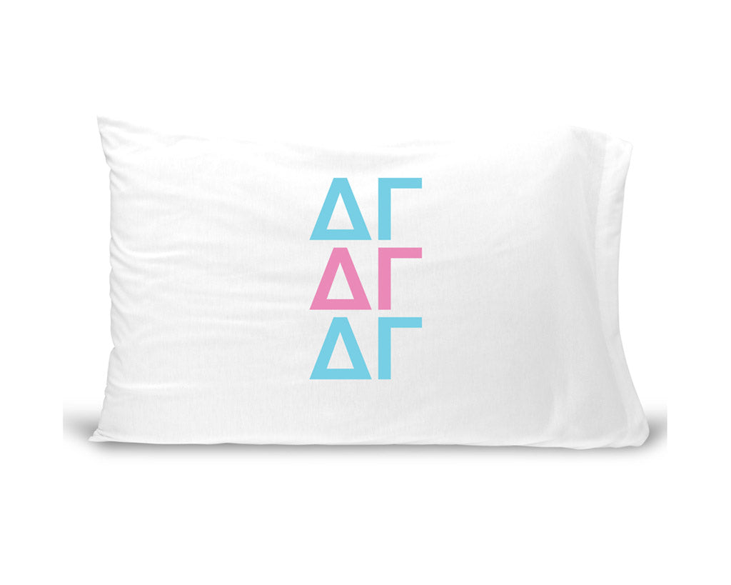 DG sorority letters digitally printed in sorority colors on standard white cotton pillowcase.