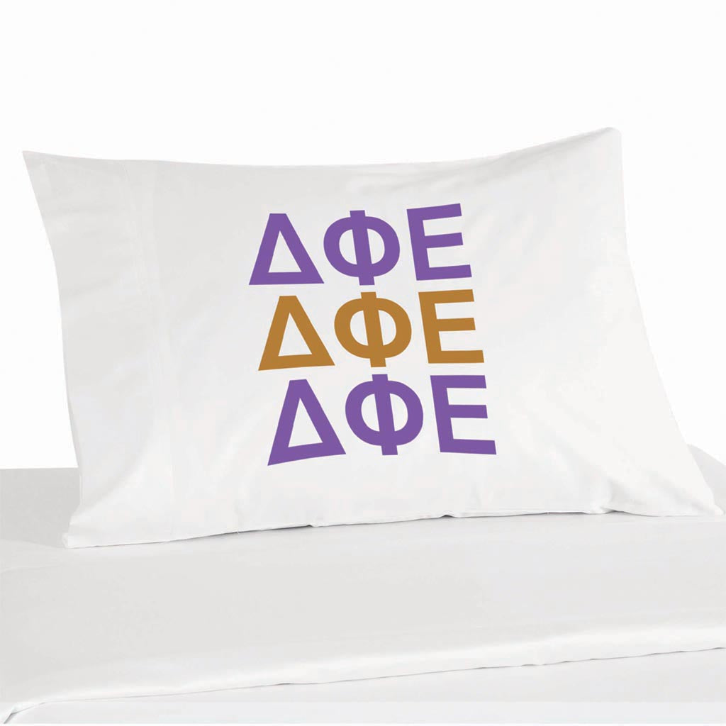 Delta Phi Epsilon sorority letters custom printed on pillowcase