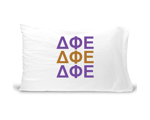 DPE sorority letters digitally printed in sorority colors on standard white cotton pillowcase.