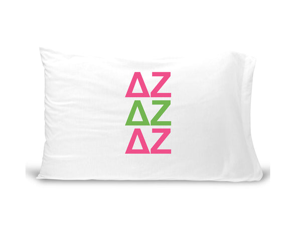 DZ sorority letters digitally printed in sorority colors on standard white cotton pillowcase.