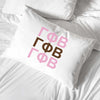 Gamma Phi Beta sorority letters in sorority colors custom printed on pillowcase