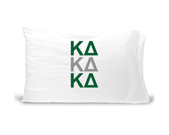 KD sorority letters digitally printed in sorority colors on standard white cotton pillowcase.