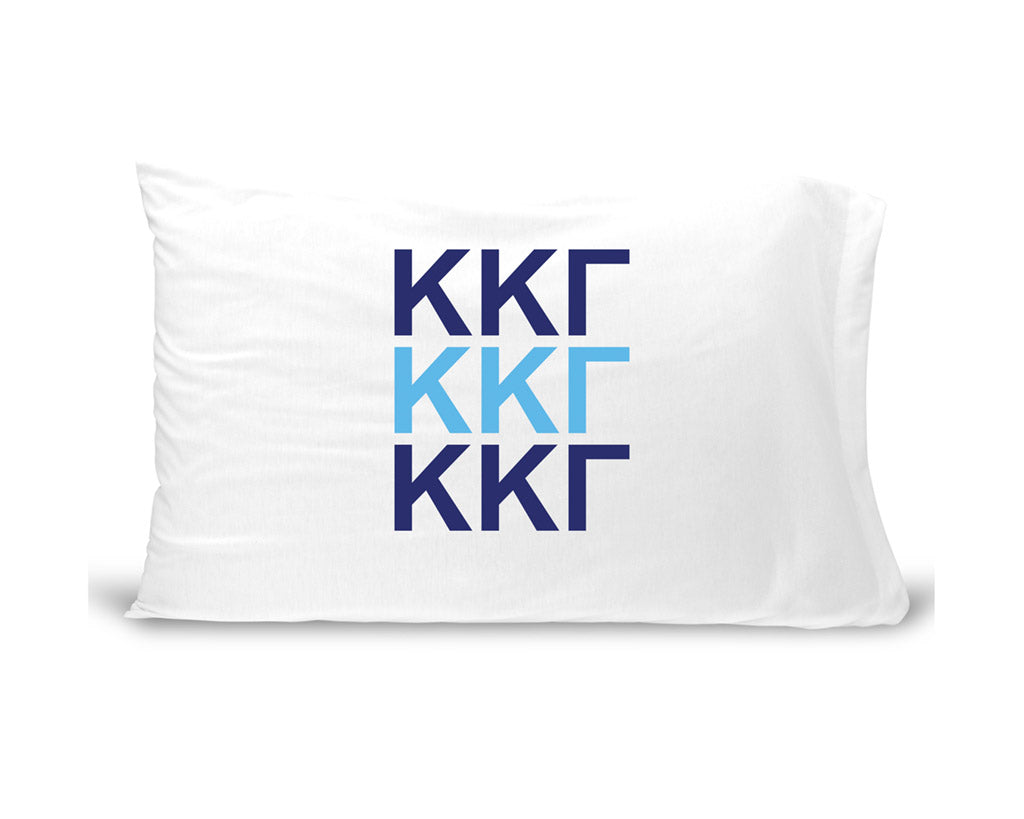 KKG sorority letters digitally printed in sorority colors on standard white cotton pillowcase.