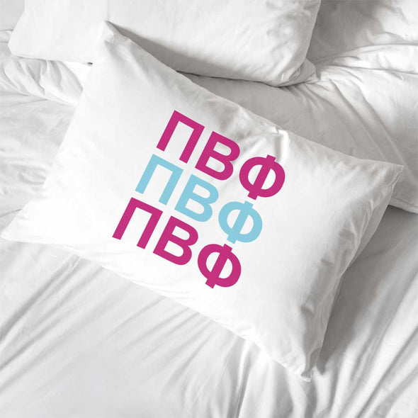 Pi Beta Phi sorority letters digitally printed in sorority colors on standard white cotton pillowcase.