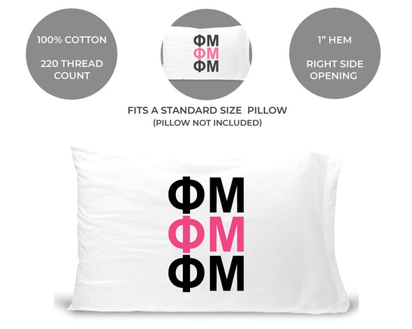 Phi Mu sorority letters custom printed on pillowcase