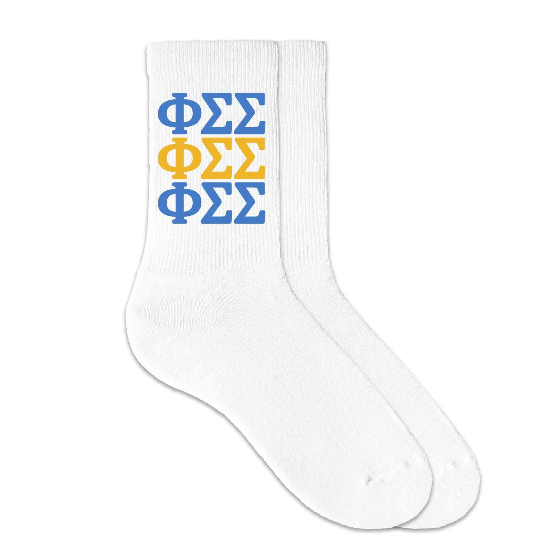 Phi Sigma Sigma repeating sorority letters custom printed on white cotton crew socks