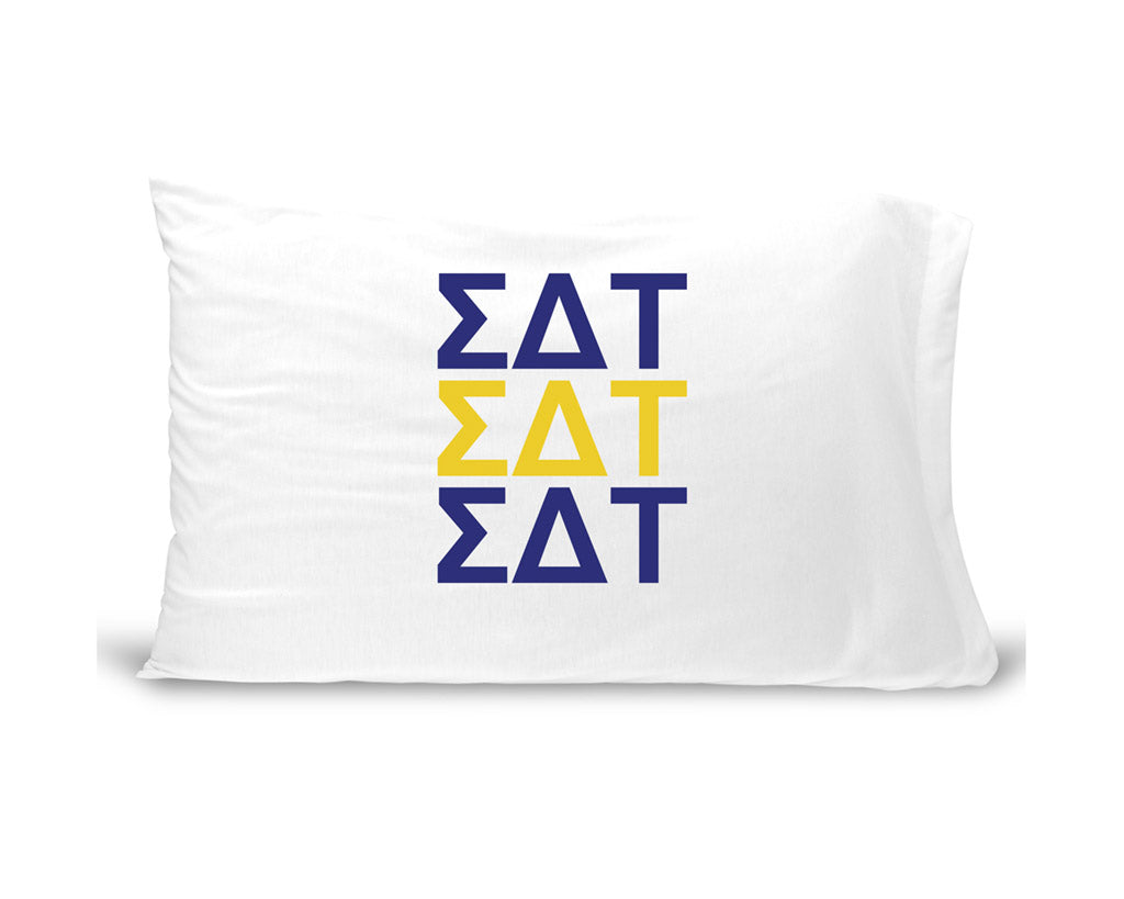 SDT sorority letters digitally printed in sorority colors on standard white cotton pillowcase.