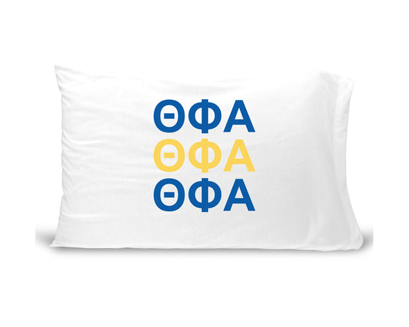 TPA sorority letters digitally printed in sorority colors on standard white cotton pillowcase.