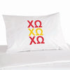 Chi Omega sorority letters in sorority colors custom printed on pillowcase