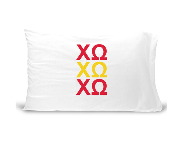 XO sorority letters digitally printed in sorority colors on standard white cotton pillowcase.
