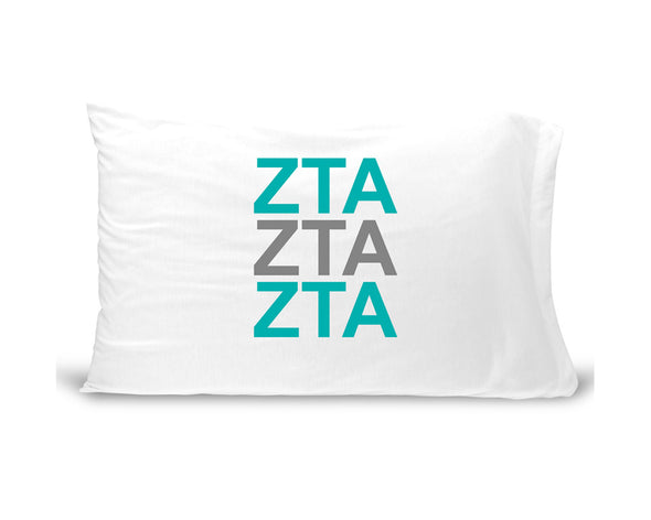 ZTA sorority letters digitally printed in sorority colors on standard white cotton pillowcase.